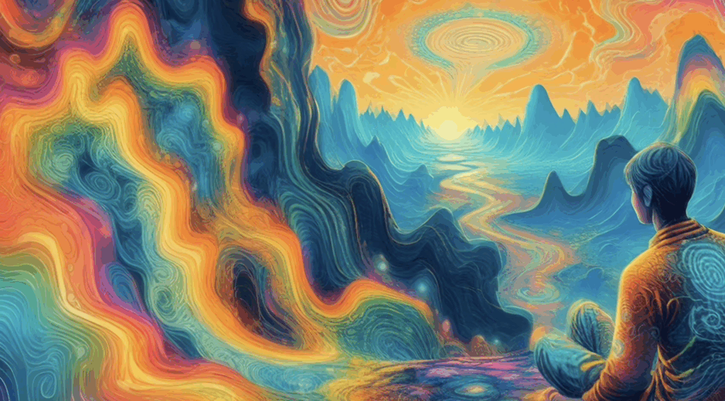 A man standing before a massive, golden mandala sun in a high-altitude psychedelic landscape.